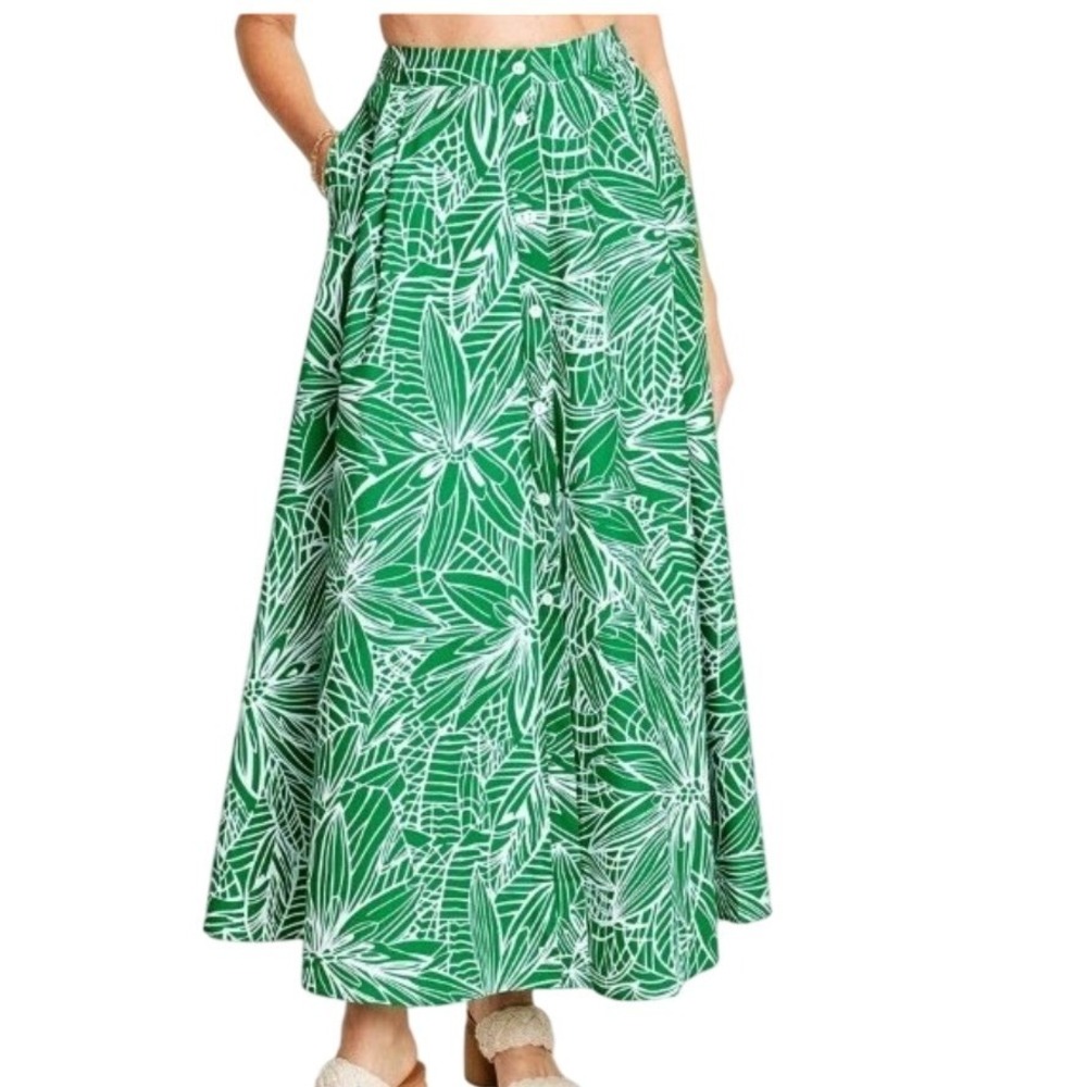 Tabitha Brown Target Maxi Skirt Womens Medium Green Tropical Button Front